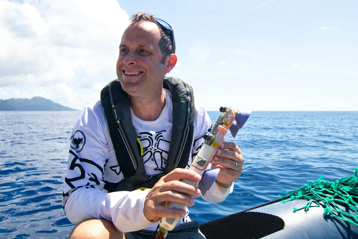 Dr. Shane Gero with a Project CETI whale tag