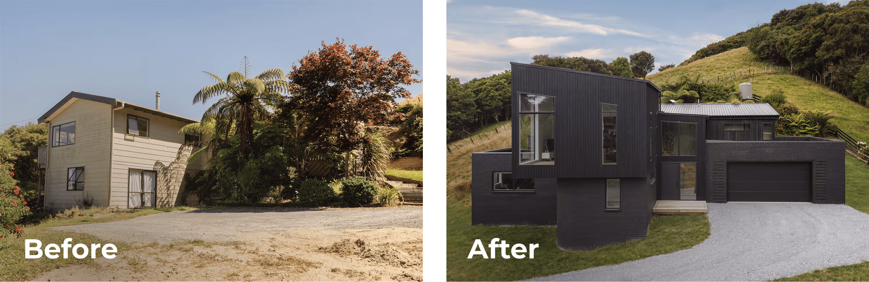 Side-by-side comparison showing a house before renovation as a simple cream two-storey building with trees, and after renovation with a modern black exterior and large windows.