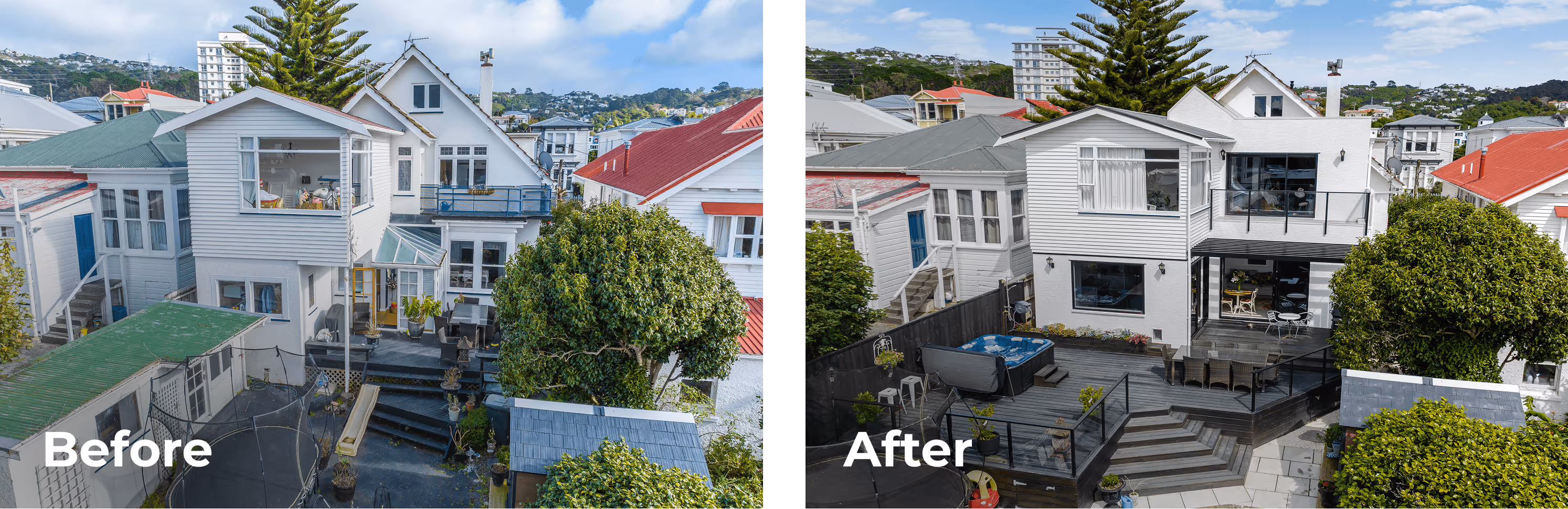 Side-by-side comparison showing a house before and after renovation with updated decking, glass railings, and modernised exterior.
