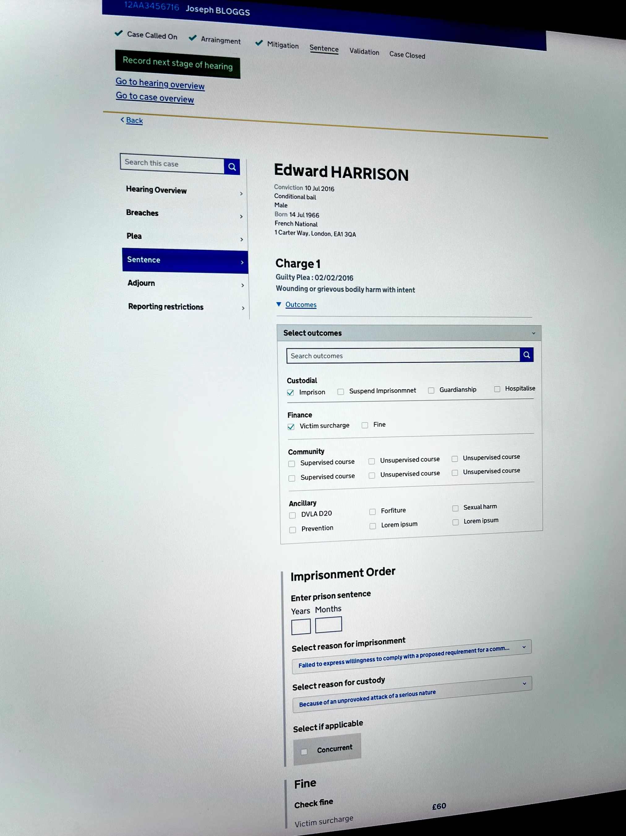 A court case interface showing conviction details for Edward Harrison with a guilty plea for wounding or grievous bodily harm. The 'Sentence' section is active with options to select outcomes like imprisonment and victim surcharge checked, entry fields for prison sentence duration, reasons for imprisonment and custody, and a fine section displaying a £60 victim surcharge.