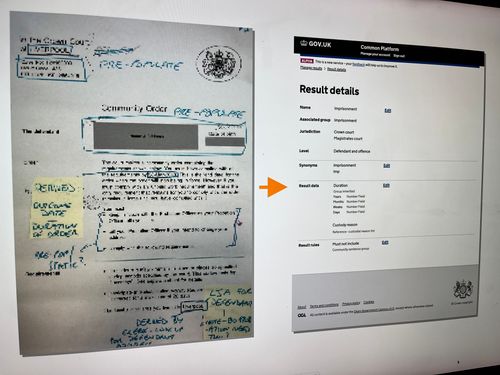 Side-by-side photo showing a marked-up printed court order document on the left and a GOV.UK Common Platform Result Details webpage on the right, with an orange arrow pointing from the document to the 'Result data' section on the screen detailing imprisonment duration fields including years, months, weeks, and days.