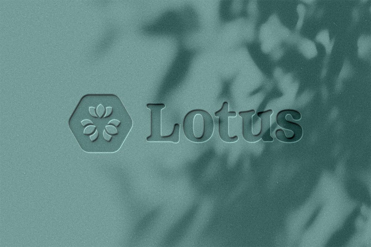 Embossed Lotus logo with a hexagonal flower icon and the word 'Lotus' on a textured teal surface with soft shadow of leaves.