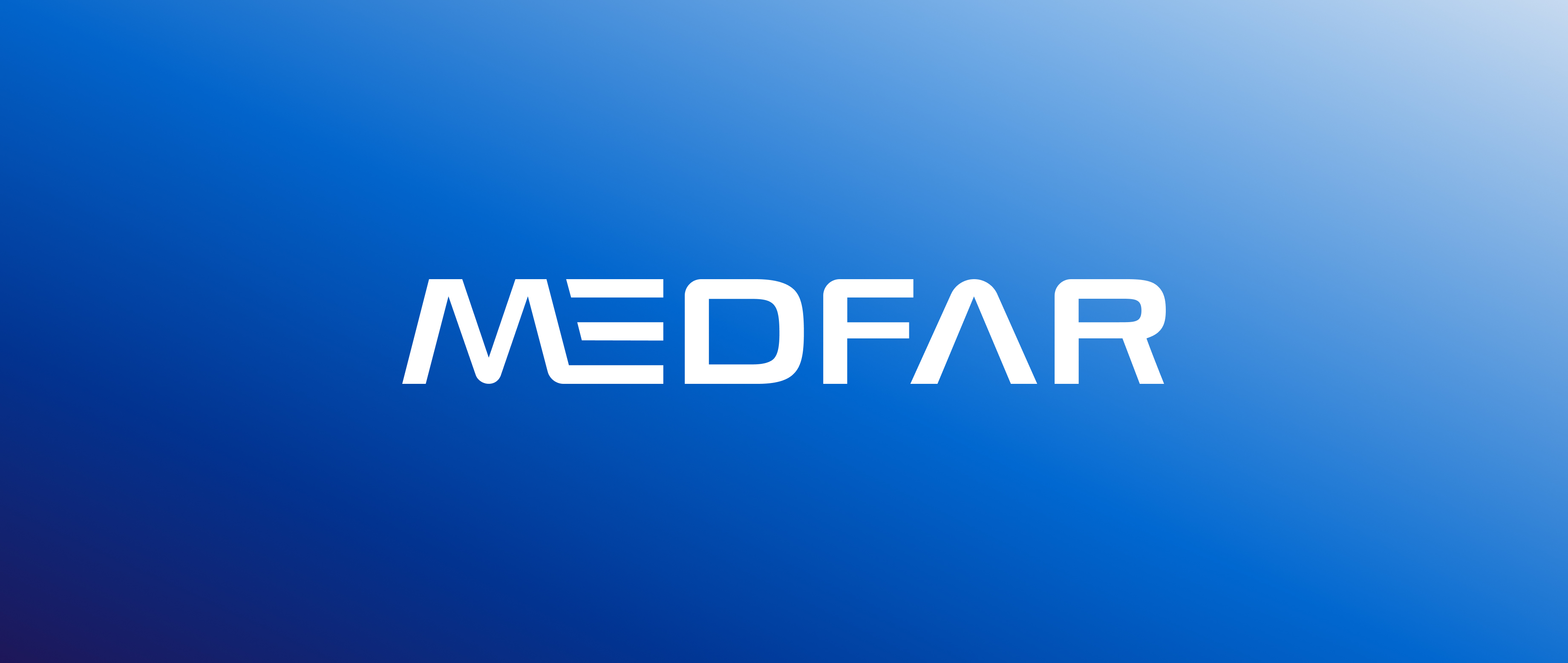 White stylized text spelling MEDFAR on a blue gradient background.