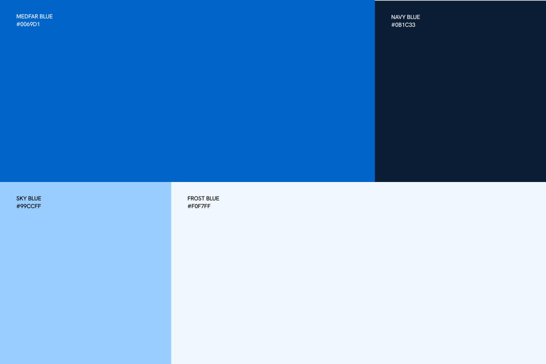 Color palette with four blue shades: Medfar Blue (#0069D1), Navy Blue (#0B1C33), Sky Blue (#99CCFF), and Frost Blue (#F0F7FF).