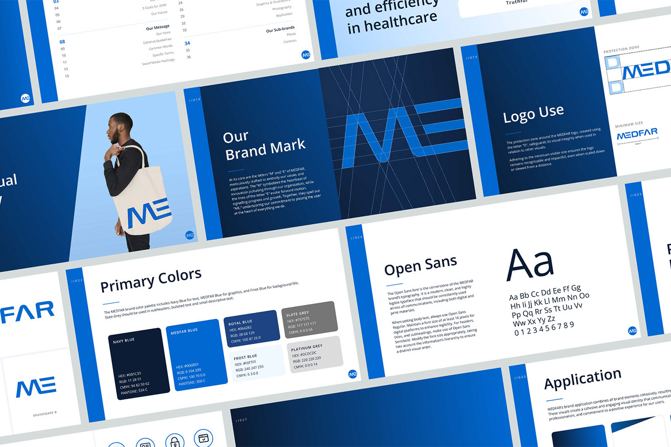 A collage of graphic design brand guideline pages for MEDFAR, featuring the logo 'ME' in blue, brand colors including Navy Blue, Medfar Blue, Royal Blue, Slate Grey, Frost Blue, and Platinum Grey, a sample tote bag with the logo, typography details showing the Open Sans font, and instructions on logo use and brand application.
