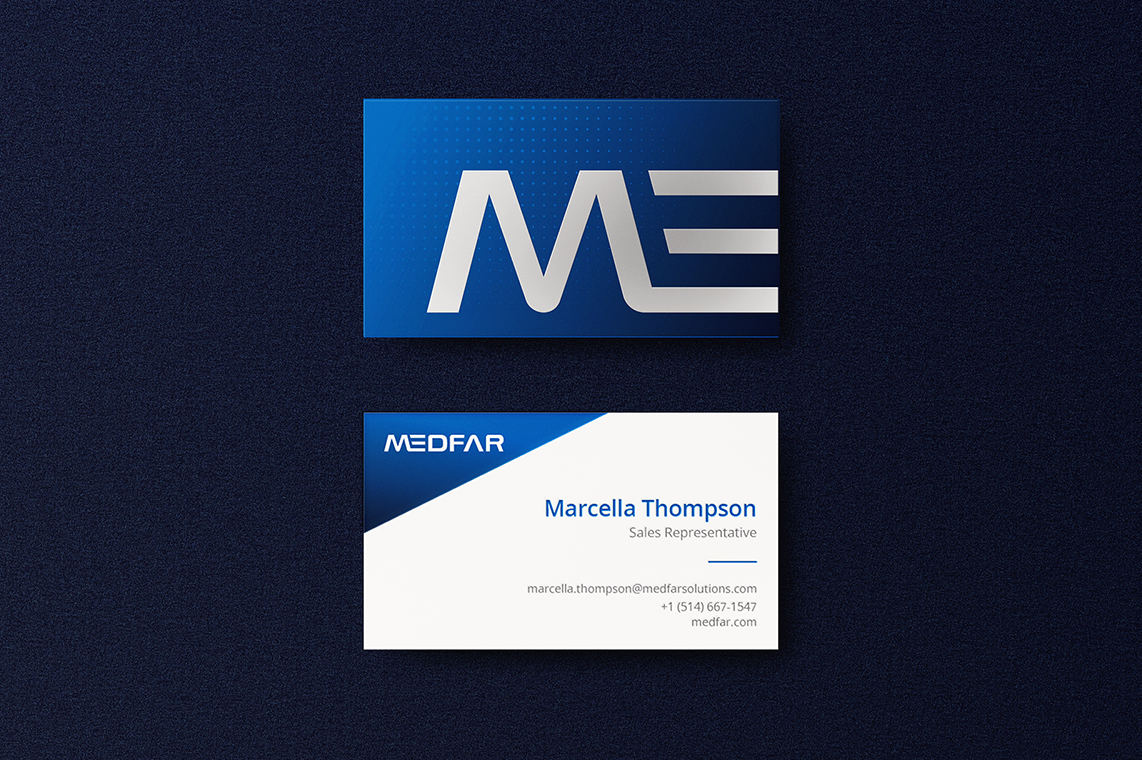 Two business cards on a dark textured background; the top card has a blue gradient with a large silver stylized 'ME' logo, the bottom card is white with a blue corner showing 'MEDFAR' logo, and contact details for Marcella Thompson, Sales Representative, including email, phone number, and website.