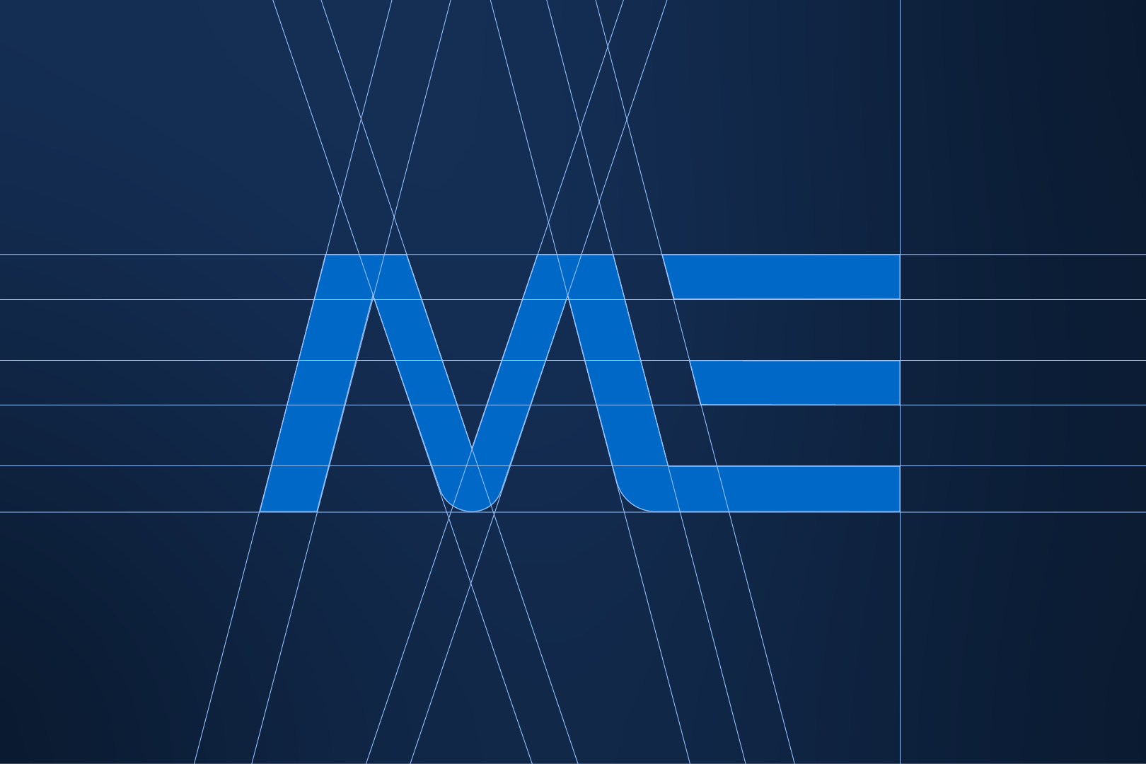 Blue stylized capital letters 'ME' on a dark blue gradient background with light grid lines.