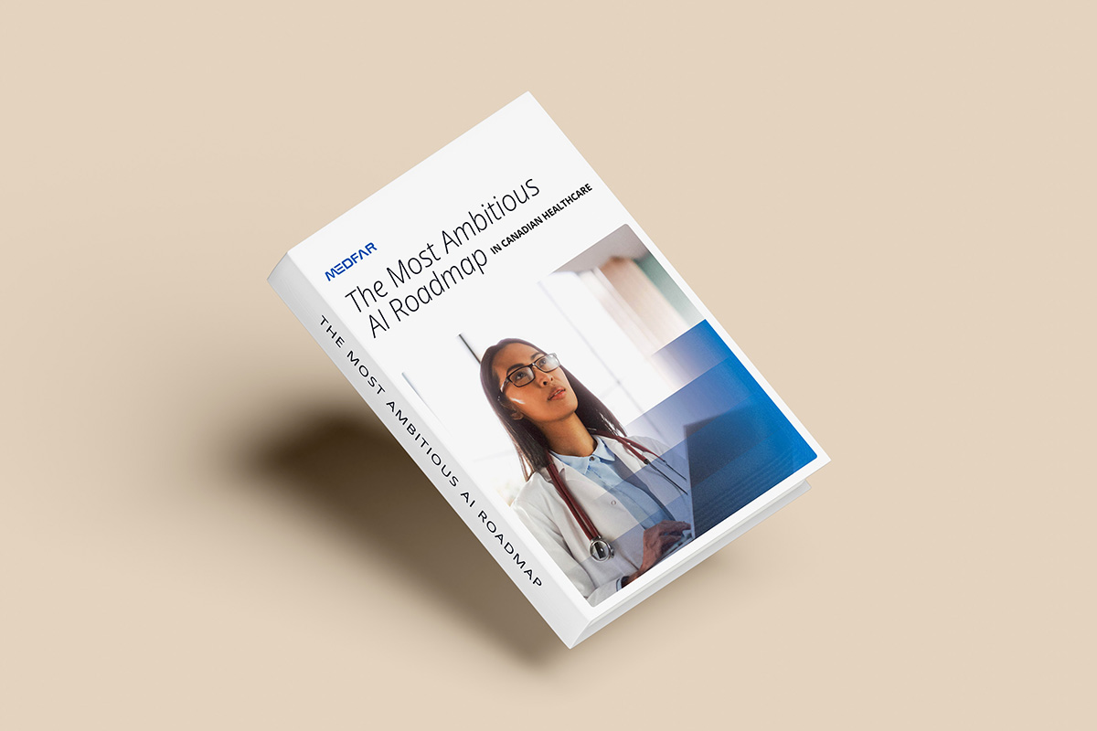 Book titled 'The Most Ambitious AI Roadmap in Canadian Healthcare' by Medfar, featuring a photo of a female doctor wearing glasses and a stethoscope, working on a laptop.