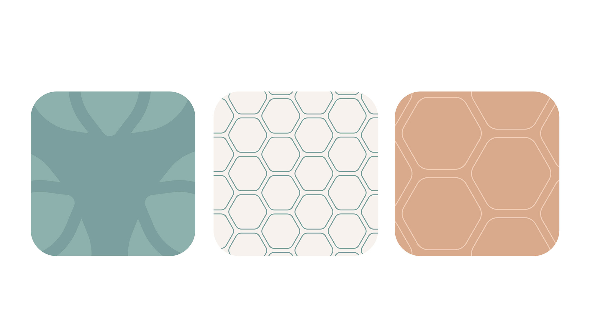 Three square tiles with rounded corners displaying different geometric patterns: the left tile has an abstract blue-green floral design, the middle tile shows a light hexagonal honeycomb pattern with thin blue-green lines on an off-white background, and the right tile features a larger, light brown hexagonal pattern with subtle outlines.