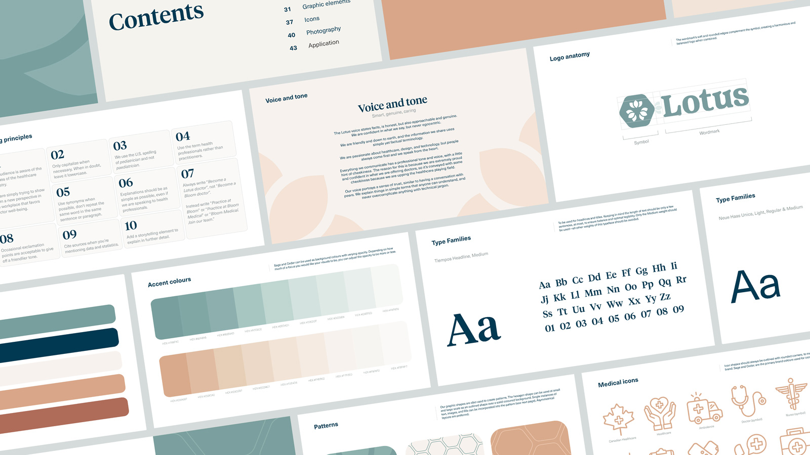 A visual brand guidelines document showing sections titled Contents, Voice and tone, Logo anatomy, Writing principles, Type Families, Accent colours, Patterns, and Medical icons with sample text, color swatches, typography examples, logo design details, and icon outlines.