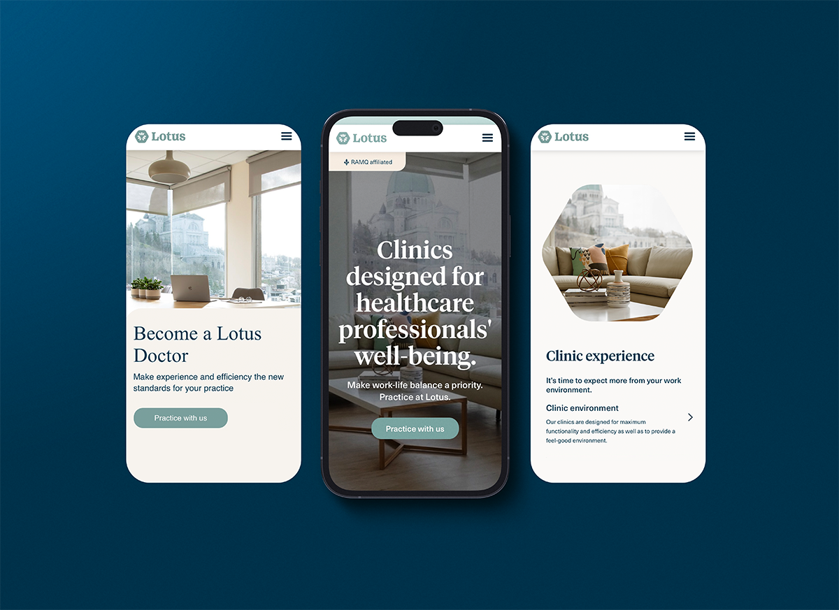 Three mobile phone screens displaying Lotus healthcare app pages: left screen shows a bright office with text inviting to become a Lotus Doctor and a 'Practice with us' button; center screen has a blurred background with white text about clinics designed for healthcare professionals' well-being and a 'Practice with us' button; right screen highlights clinic experience with a cozy sofa image and text about clinic environment and benefits.