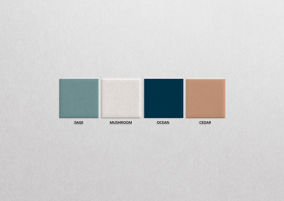 Four colored square paint swatches labeled Sage, Mushroom, Ocean, and Cedar on a light textured background.