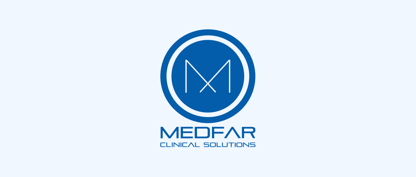 Blue circular logo with stylized white and blue letters forming an M inside two concentric circles, with the text MEDFAR Clinical Solutions below.