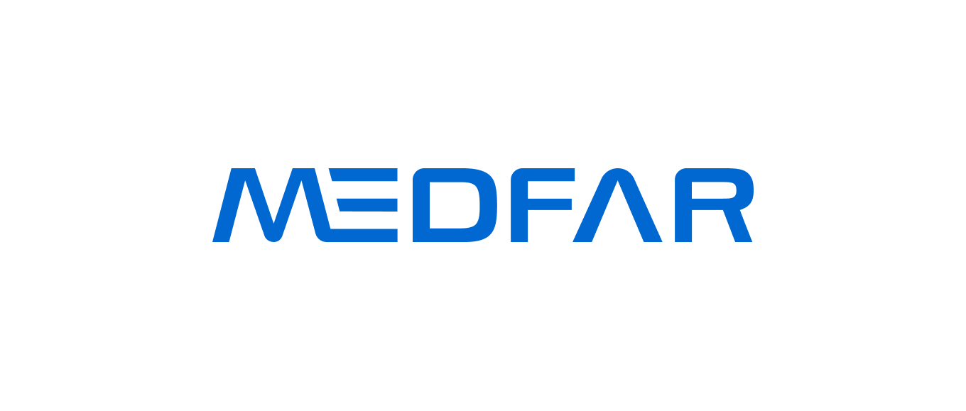 MEDFAR logo in bold blue capital letters with stylized E consisting of horizontal lines.