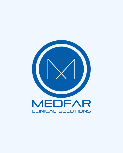 MedFar Clinical Solutions logo featuring a stylized letter M inside two concentric blue circles on a light background.