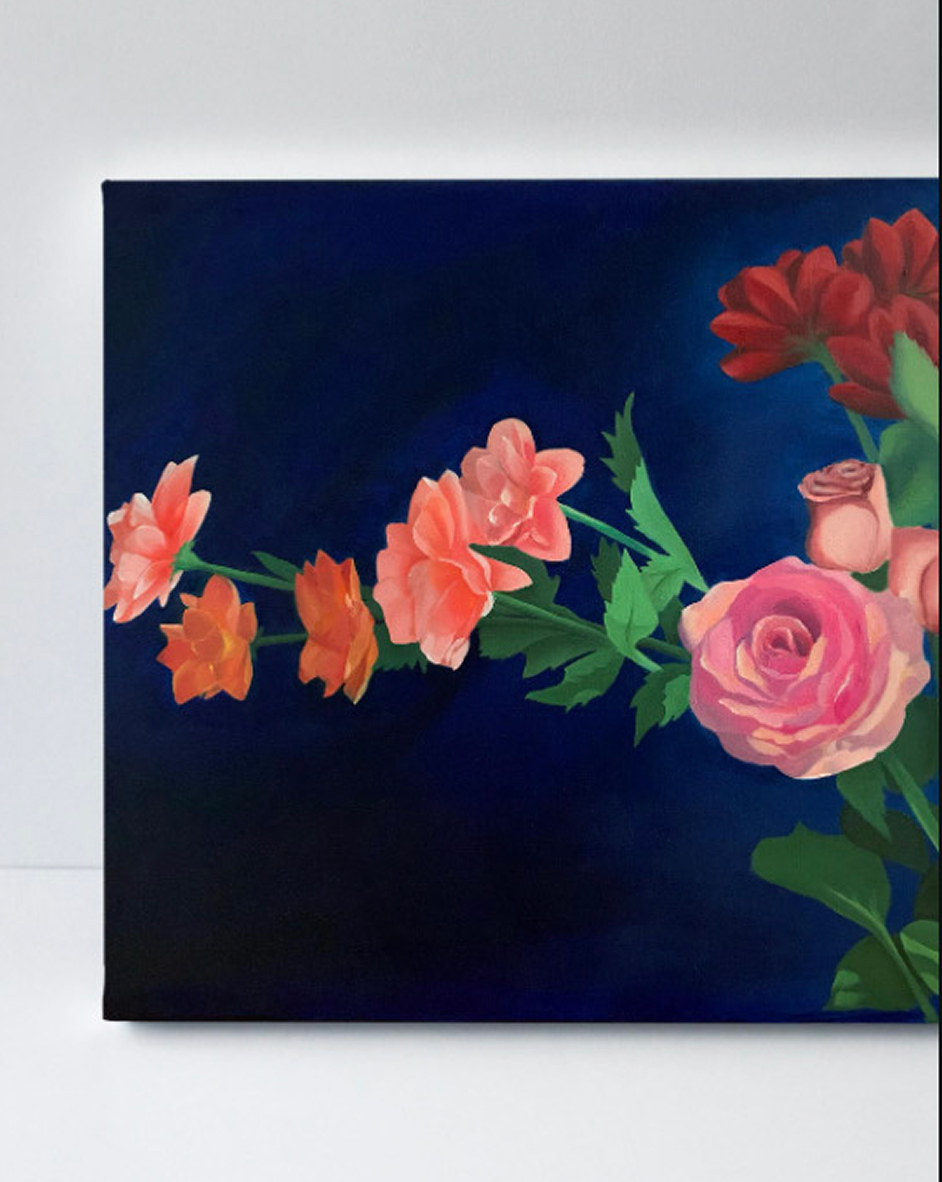 Painting of various pink and red flowers with green leaves on a dark blue background.