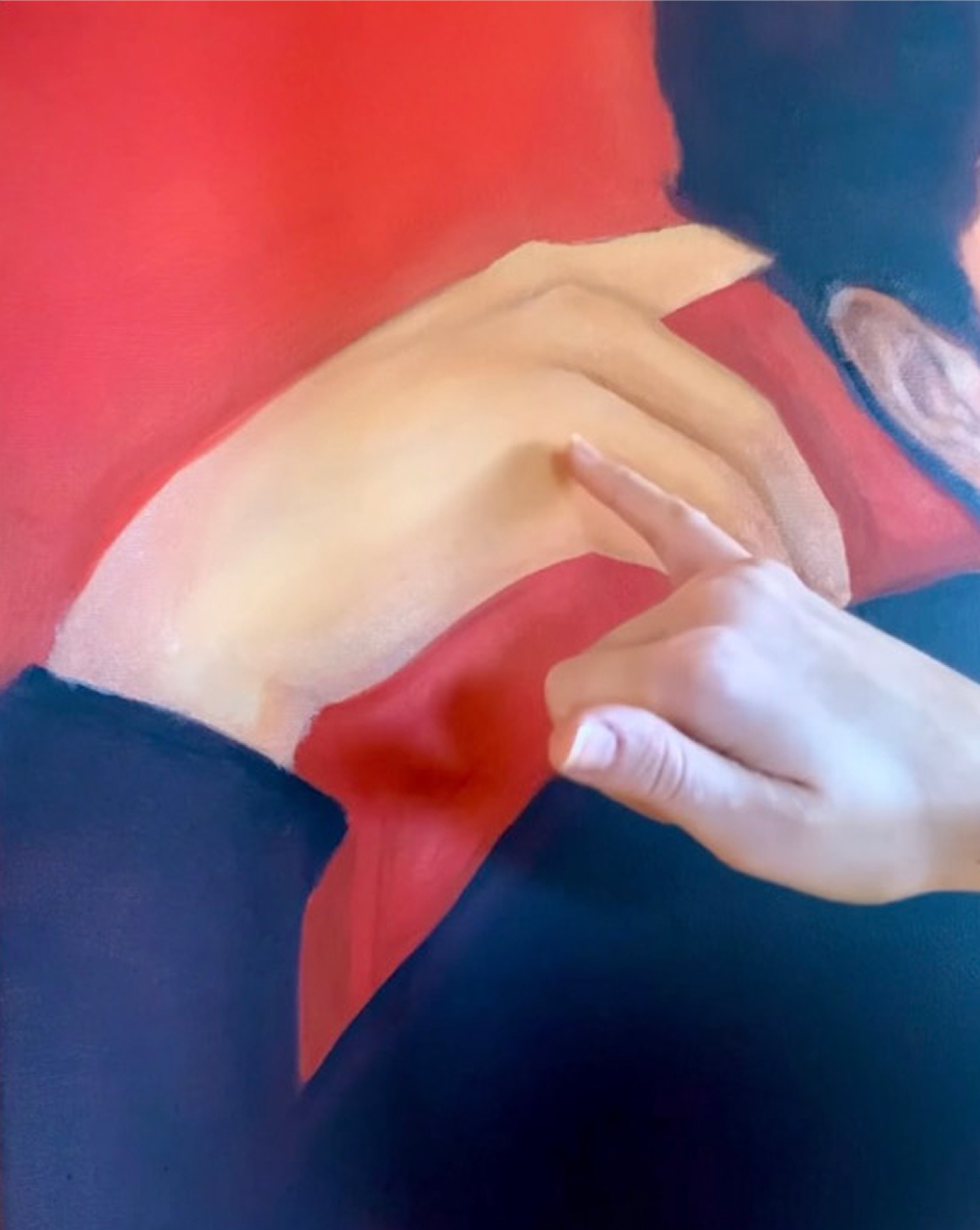 A realistic painting of a person turning their head to the side, wearing a black sweater, with a hand pointing at the person's head. The background is painted a vibrant red.