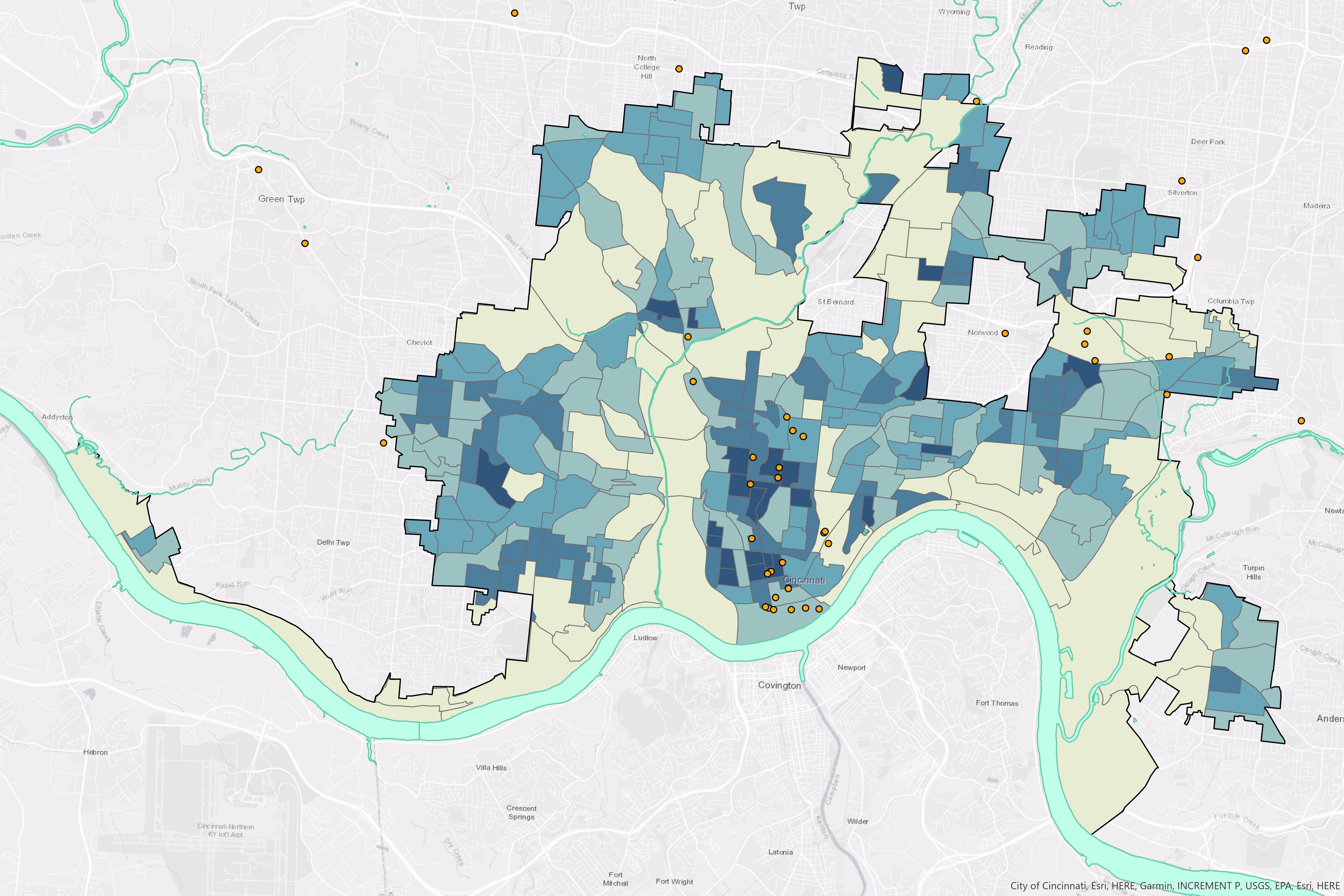 Map of Cincinnati block groups shaded by reclassified population density.