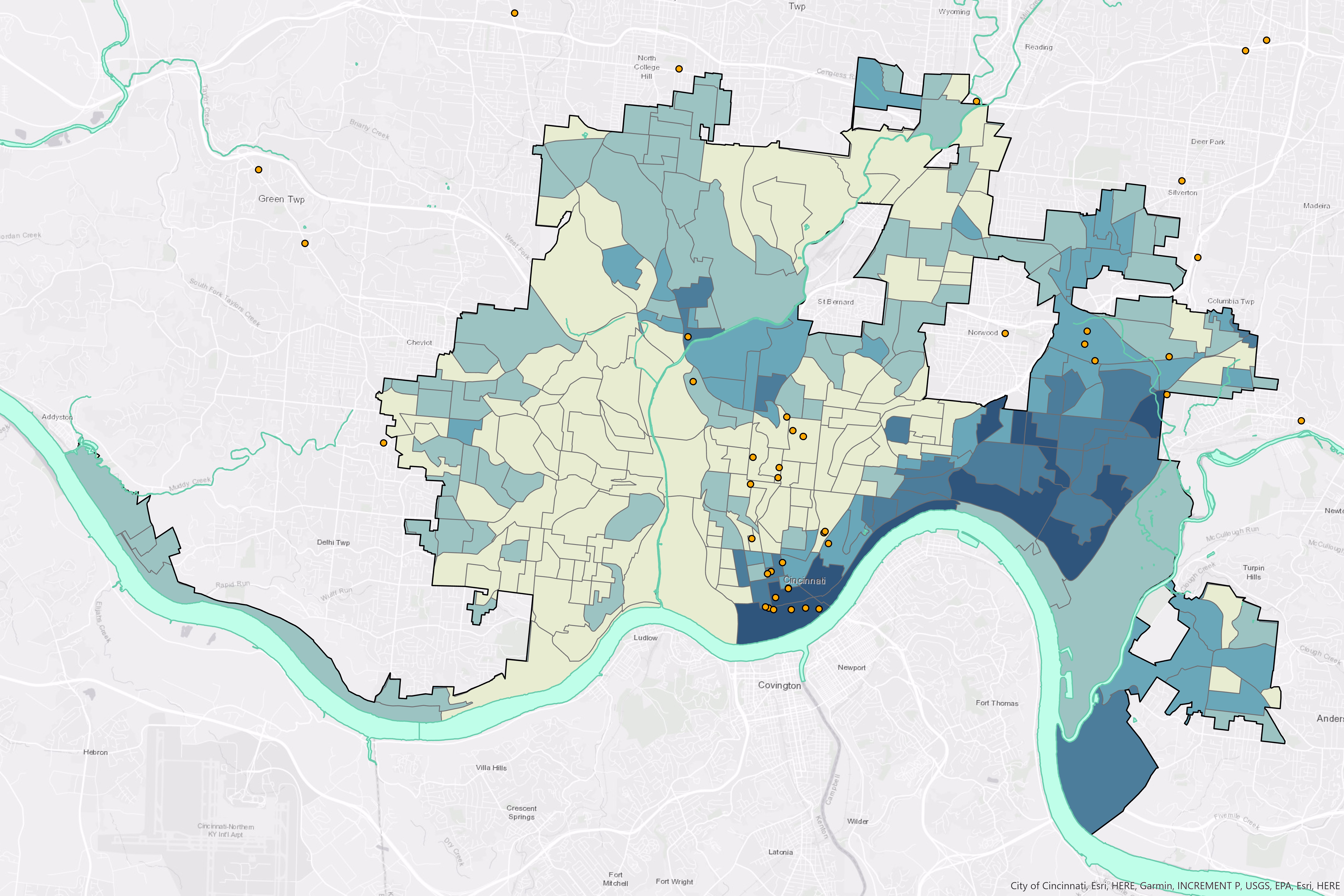 Map of Cincinnati block groups shaded by reclassified per-capita income.
