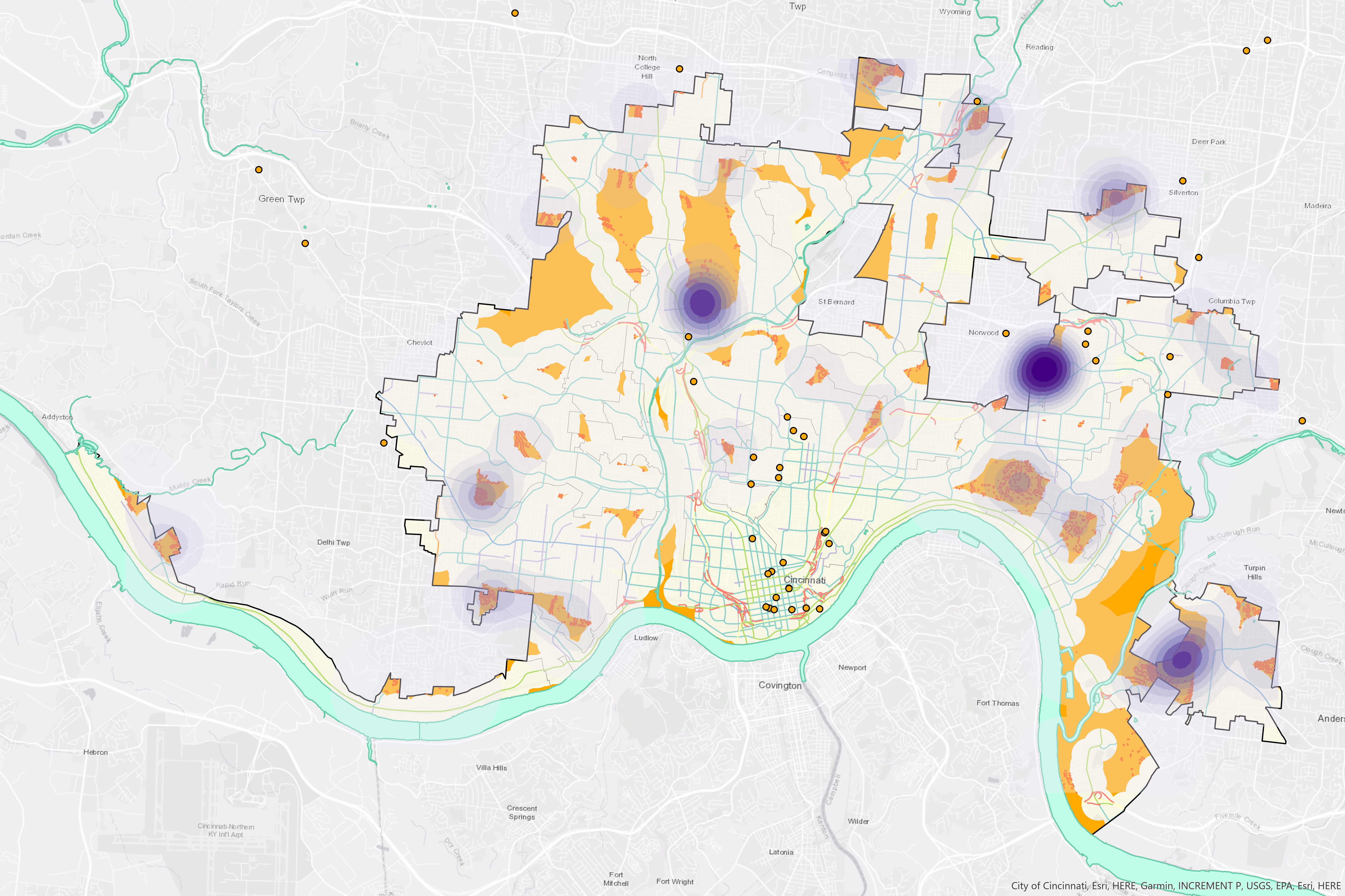 Heat map of multi-family housing density within the areas lacking transit access.