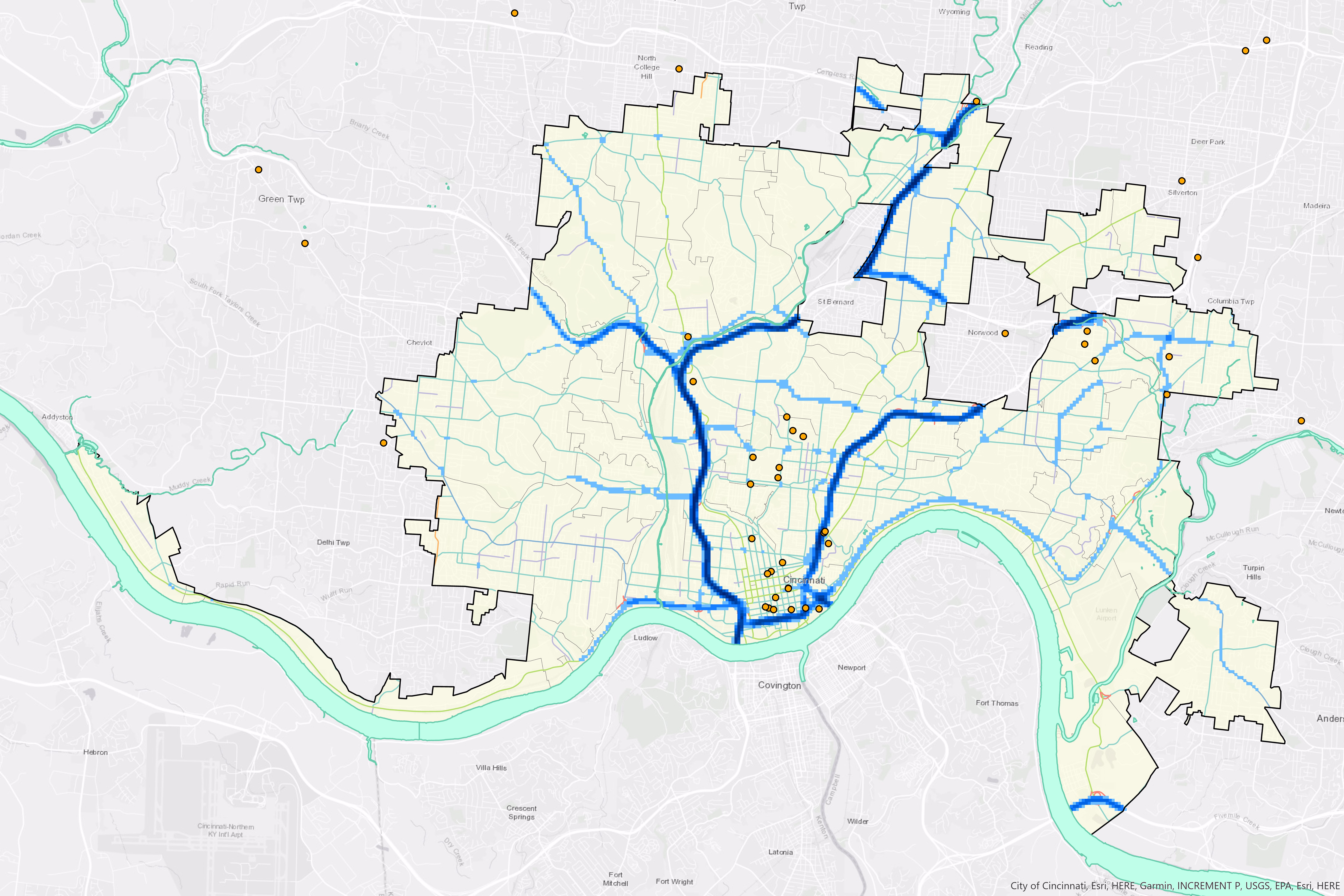 Map of Cincinnati's major roads, line weight by annual average daily traffic.