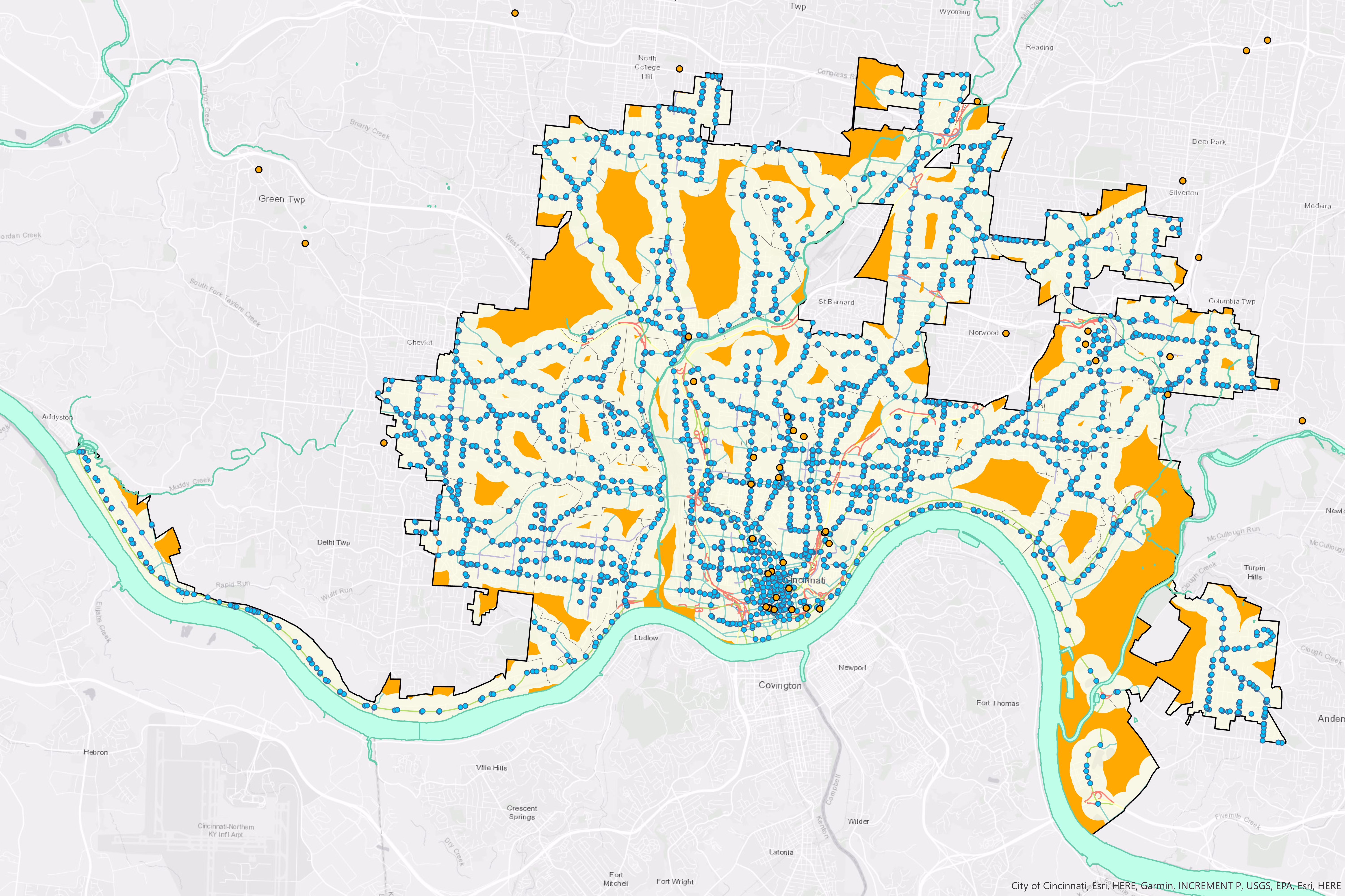 Map of Cincinnati showing bus stops and the areas more than a quarter mile from any stop.