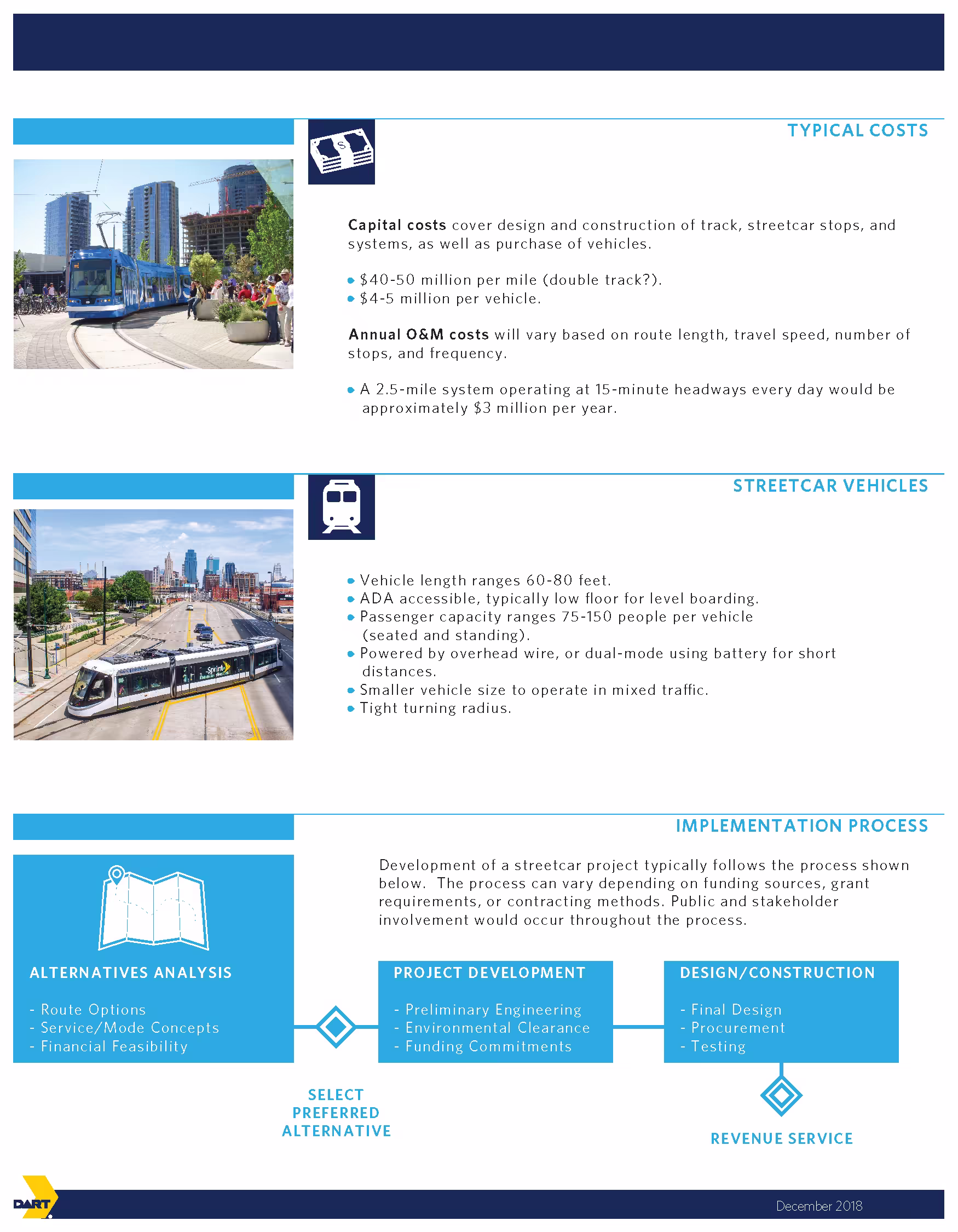 Streetcar master plan information sheet, page two: typical costs, vehicles, and the implementation process.