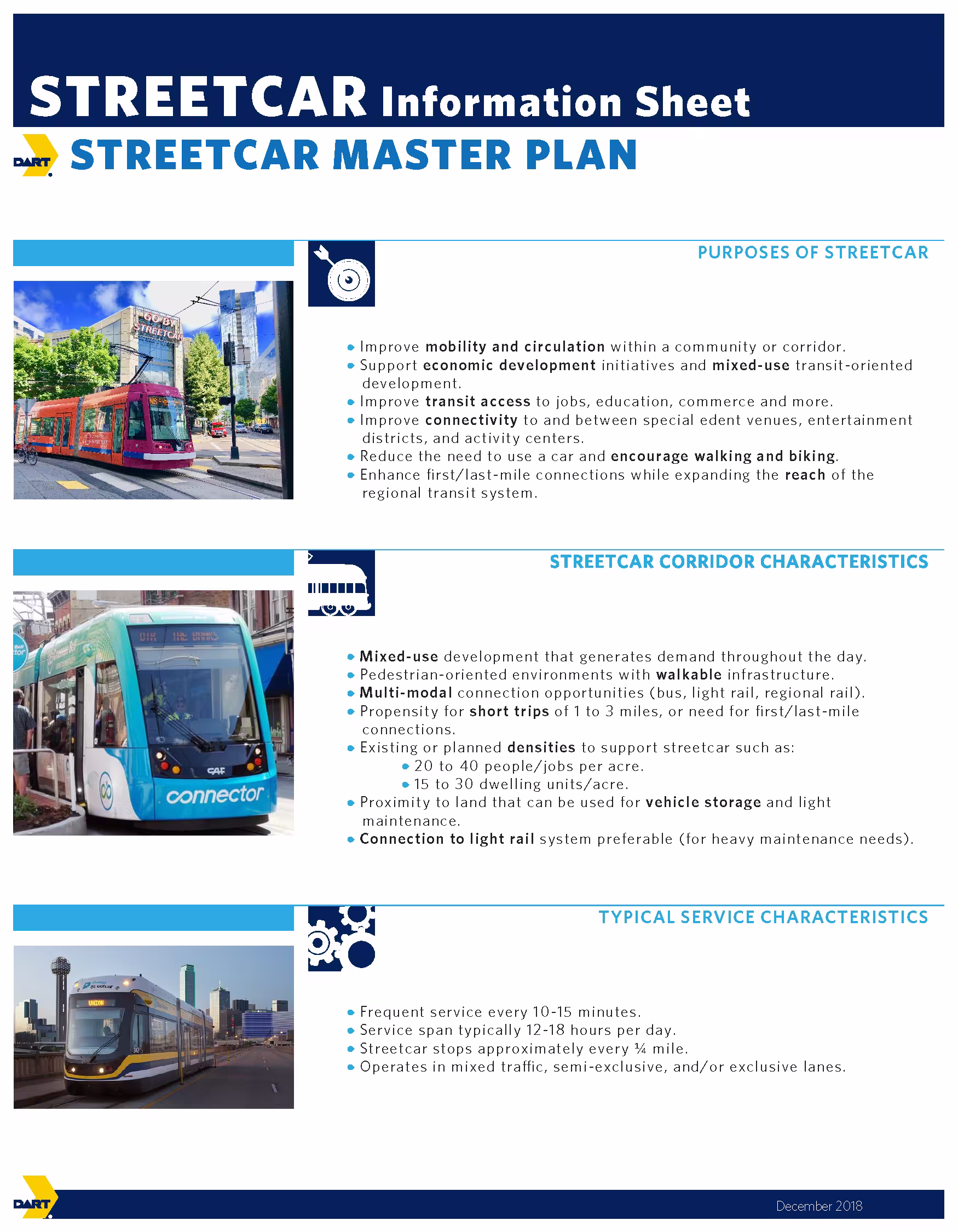 Streetcar master plan information sheet, page one: purposes of streetcar, corridor characteristics, and service characteristics.