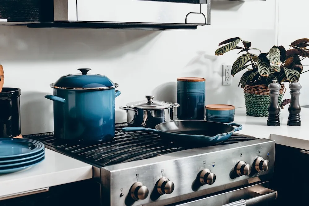 kitchen scene with pots and pans