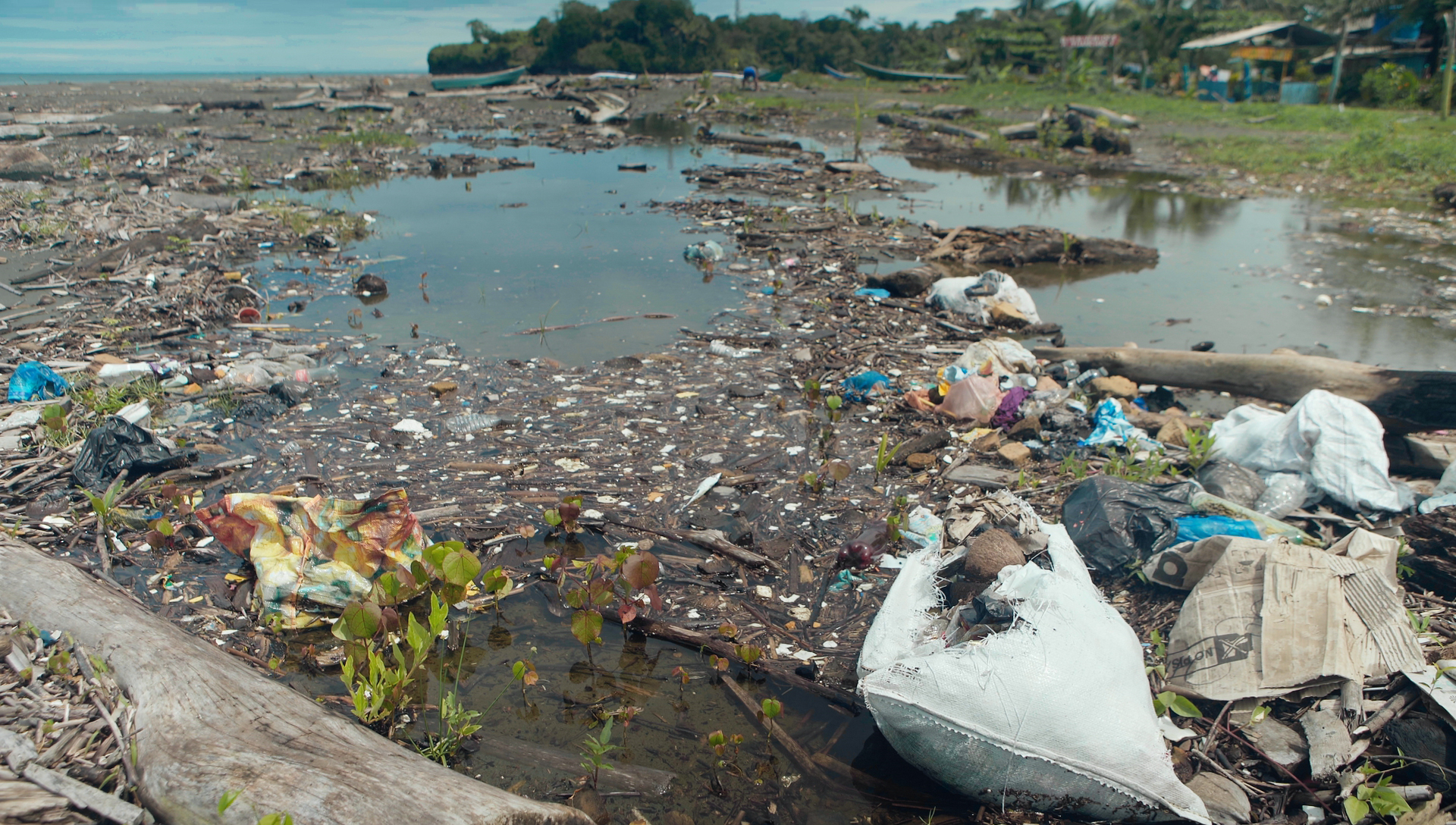 a dirty water with trash and debris