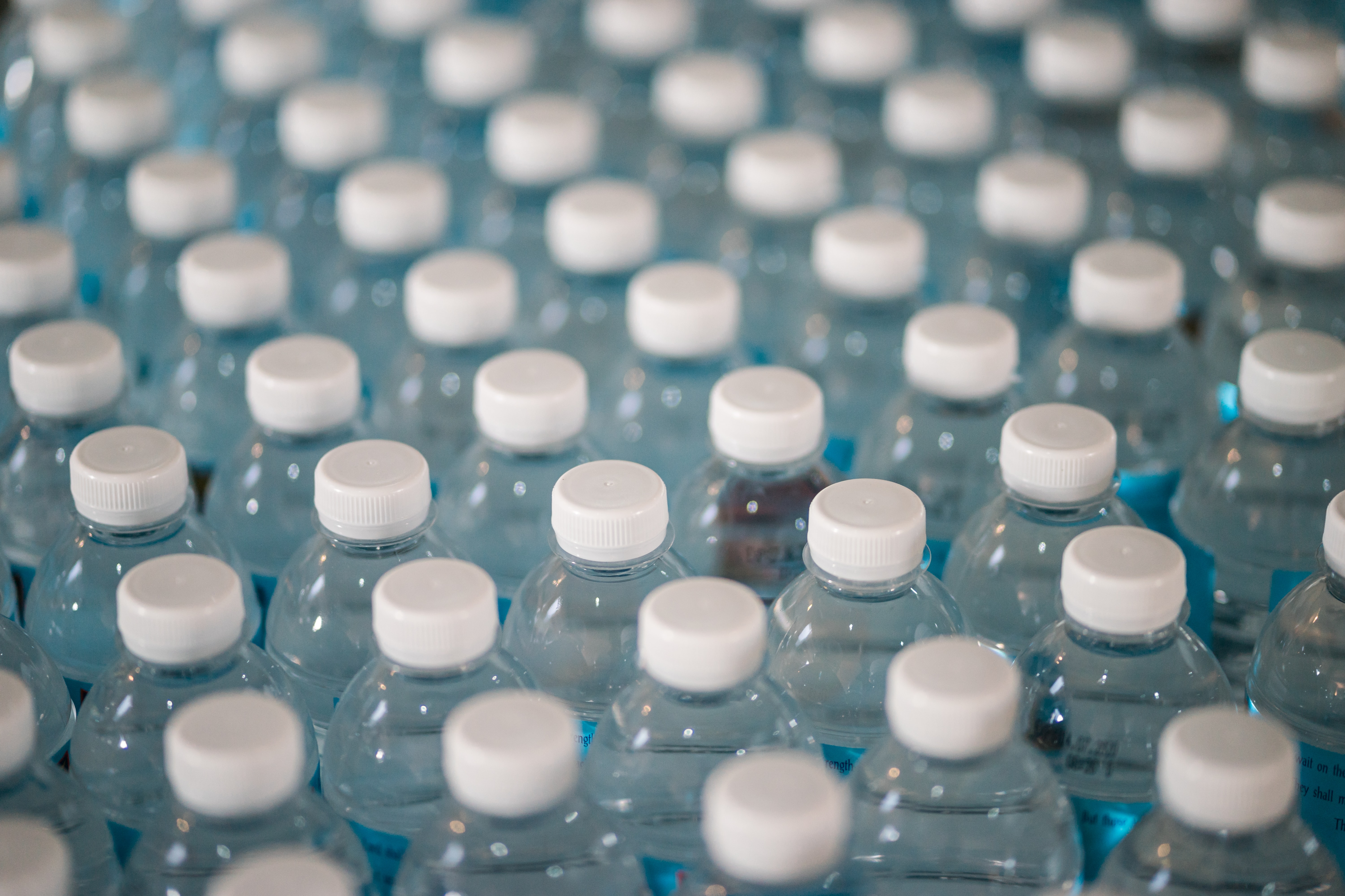 a group of water bottles