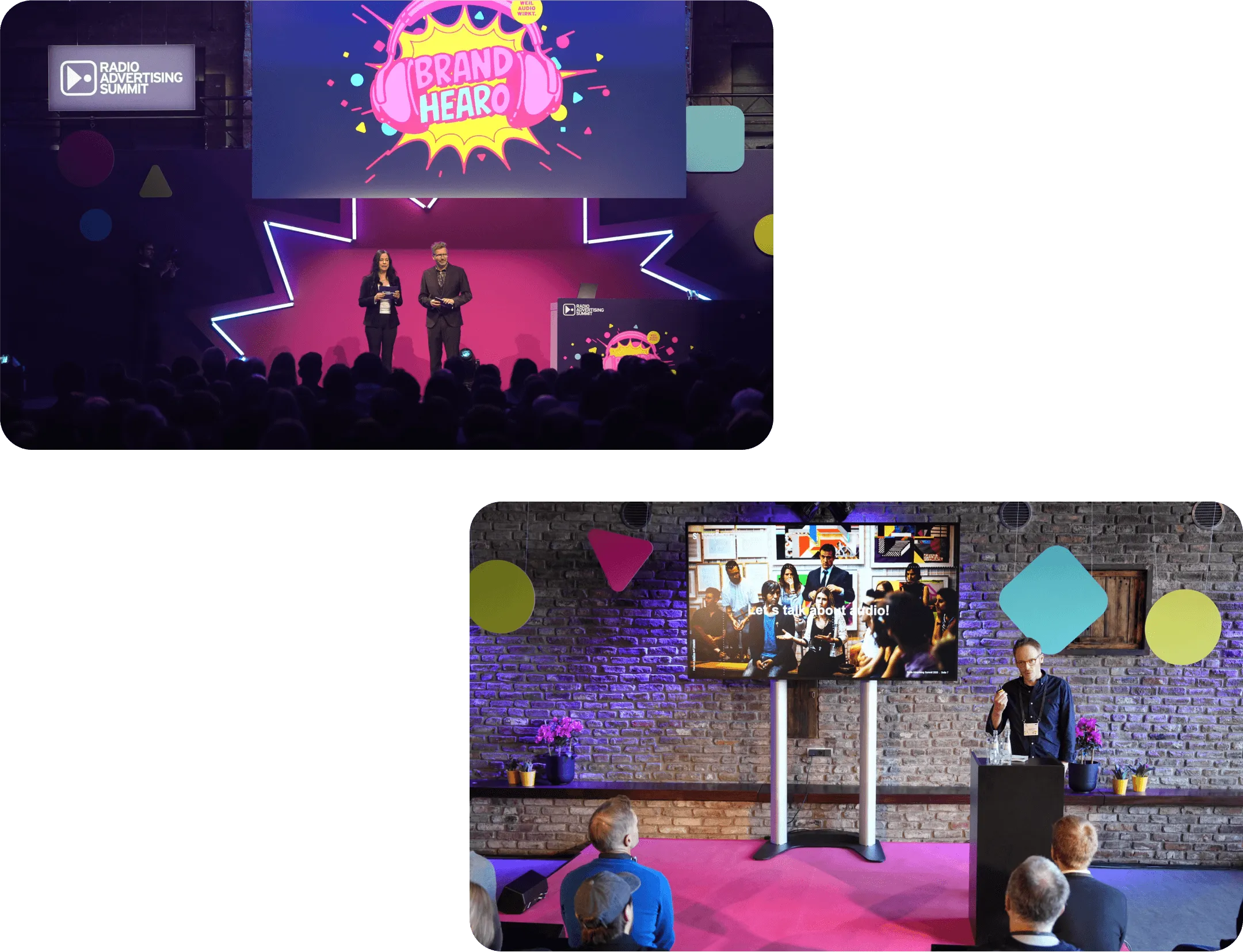 Veranstaltungsszenen mit Rednern auf der Bühne und einer Präsentation vor einem lebhaften, farbenfrohen Hintergrund und einem engagierten Publikum