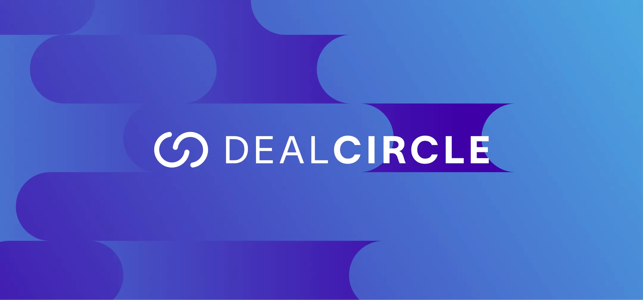 DealCircle Logo mit ineinander greifenden kreisförmigen Design auf einem blauen und lila abstrakten Hintergrund.