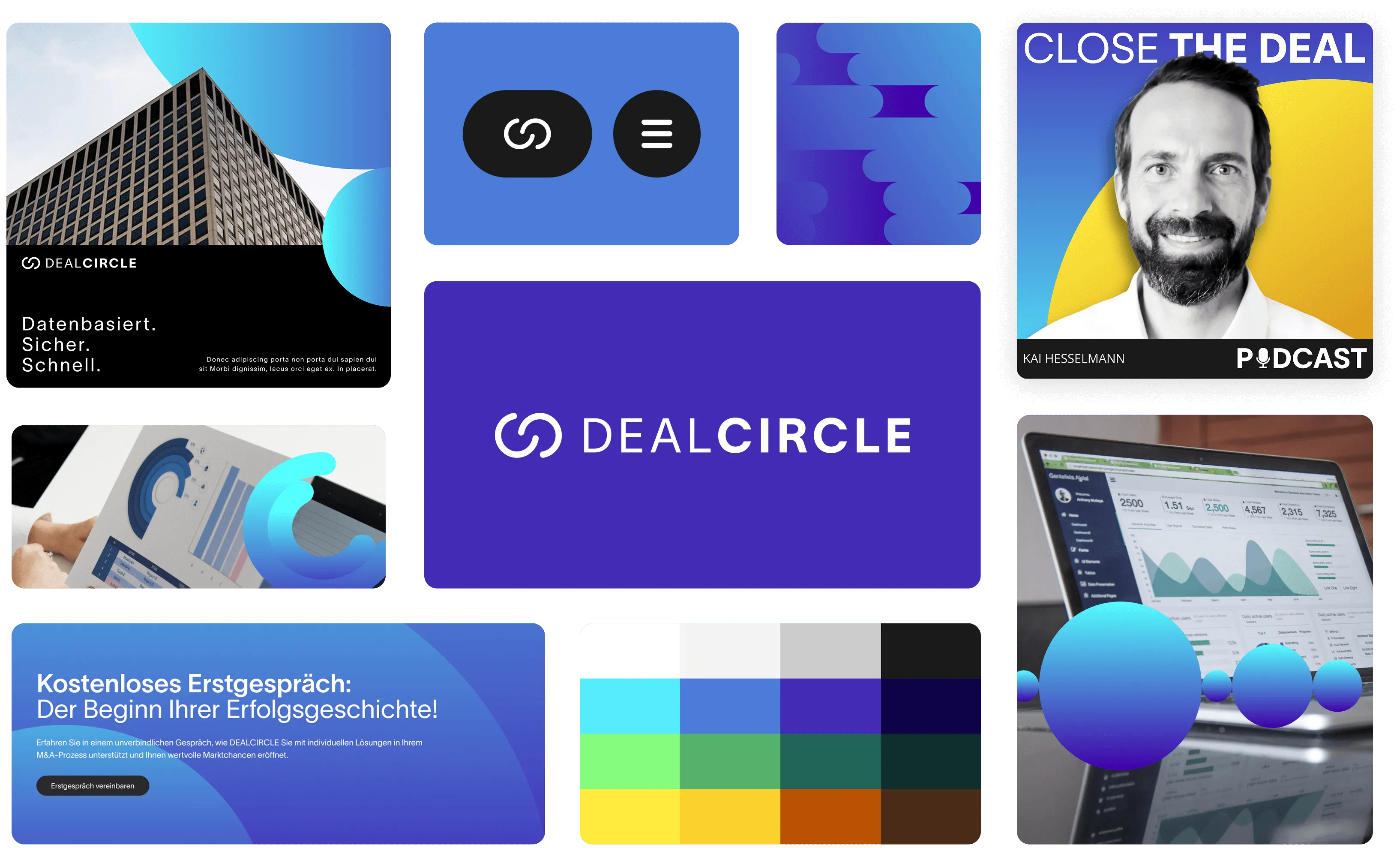 Collage aus Branding-Elementen mit dem DealCircle-Logo, Bildmaterial und Dateneinblicken.