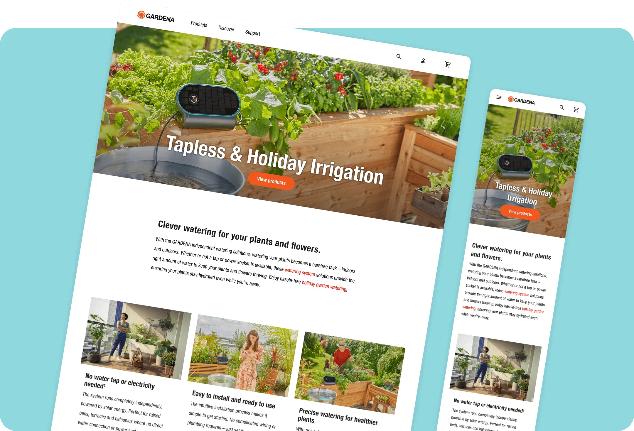 Eine GARDENA Website, auf der Lösungen für die Bewässerung ohne Wasserhahn und für den Urlaub vorgestellt werden, wobei Grünflächen und Pflanzen im Mittelpunkt des Designs stehen.