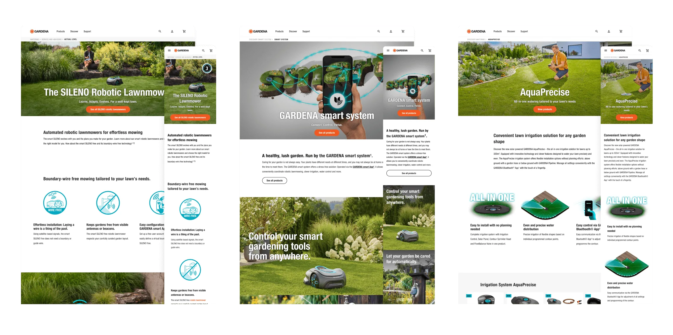 Drei Webseiten, auf denen die Produkte von GARDENA für die Gartenpflege vorgestellt werden.