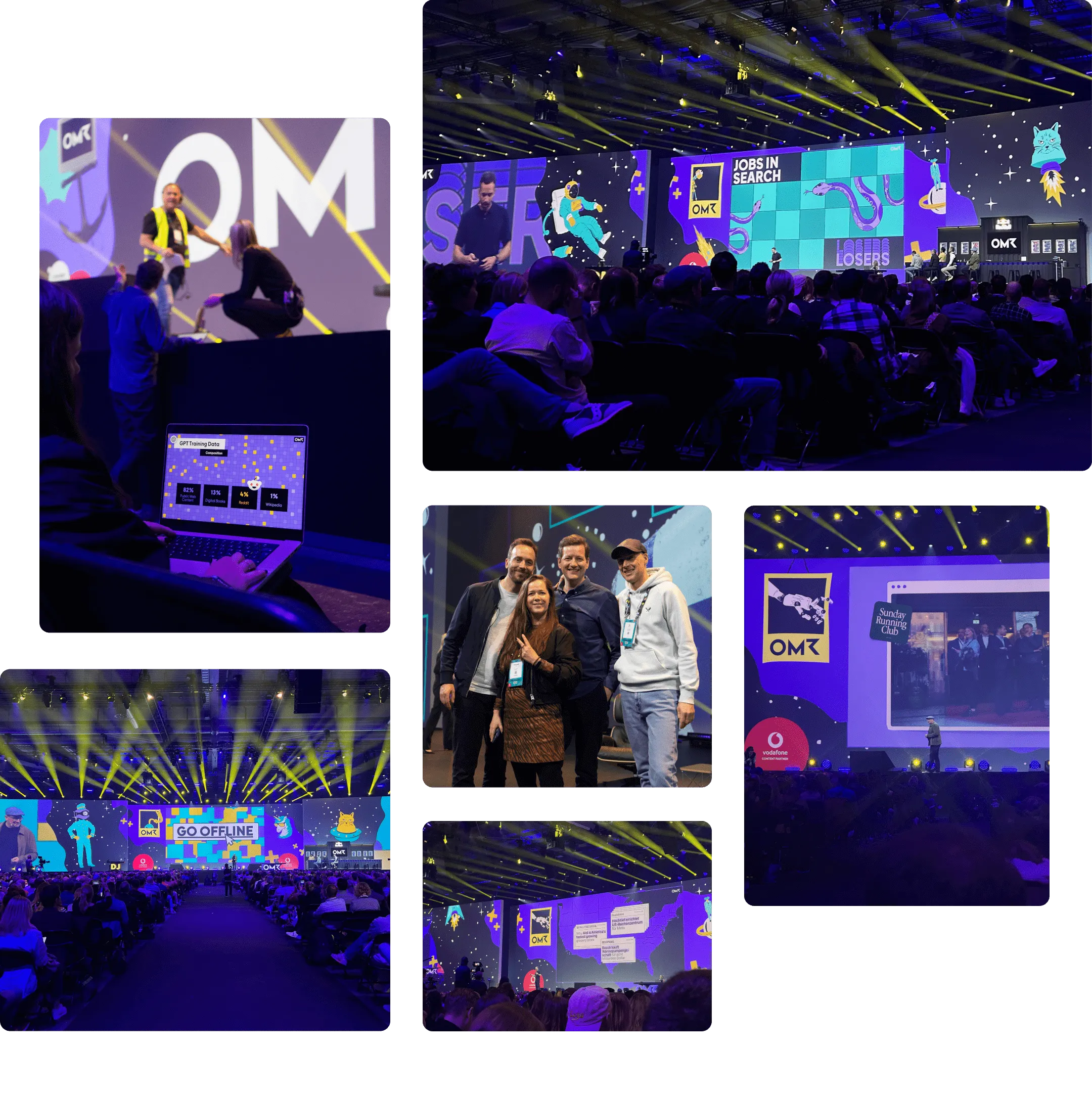 Eine lebendige Konferenzszene mit Hauptvortrag, Publikumsbeteiligung und farbenfrohen visuellen Darstellungen auf großen Bildschirmen.