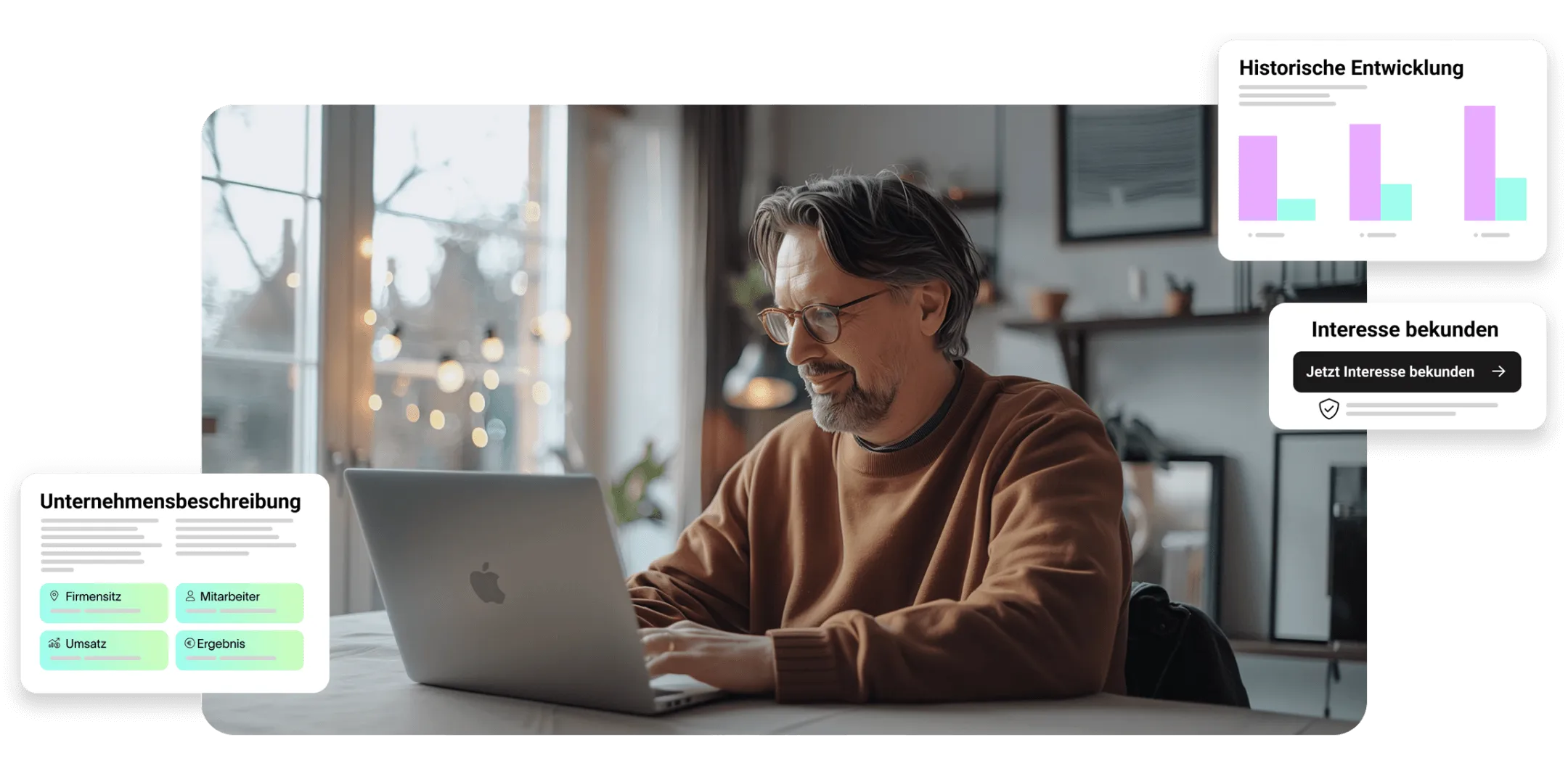 Eine Person in einem gemütlichen Innenraum, die an einem Laptop arbeitet, während in der Nähe Elemente der Website-Benutzeroberfläche mit Geschäftskennzahlen angezeigt werden.