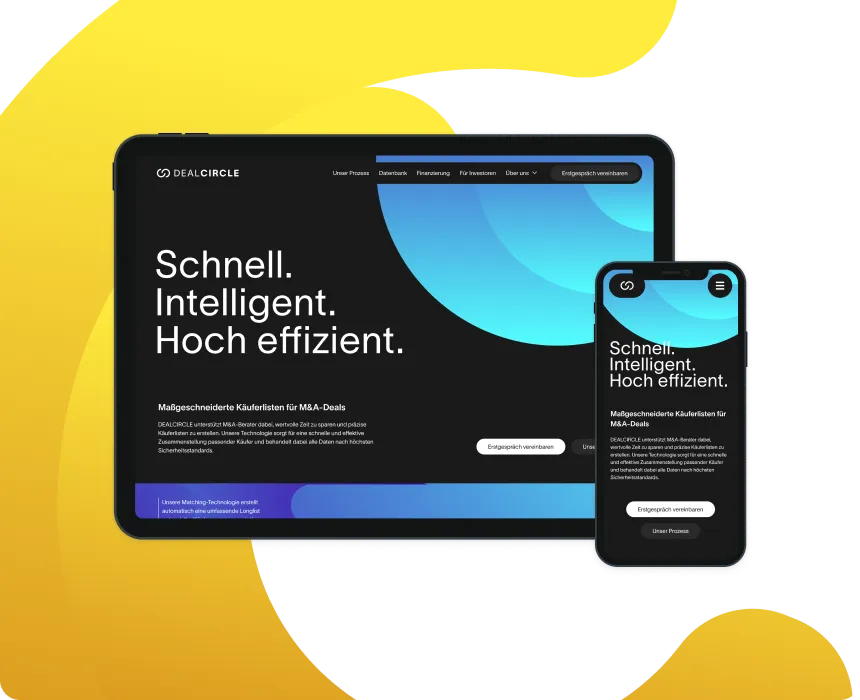 DealCircle Logo mit ineinander greifenden kreisförmigen Design auf einem blauen und lila abstrakten Hintergrund.