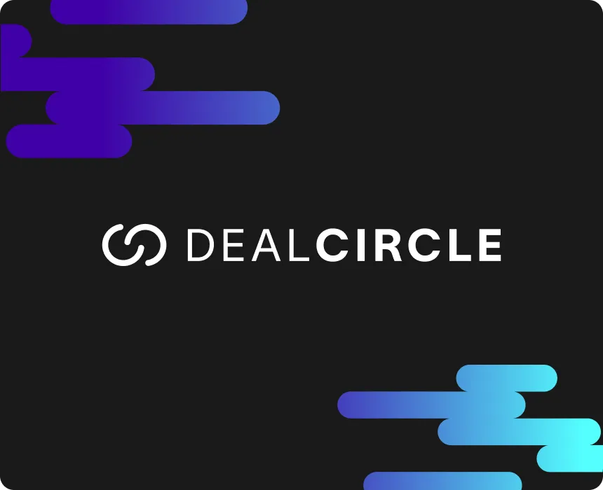 DealCircle Logo mit ineinander greifenden kreisförmigen Design auf einem blauen und lila abstrakten Hintergrund.