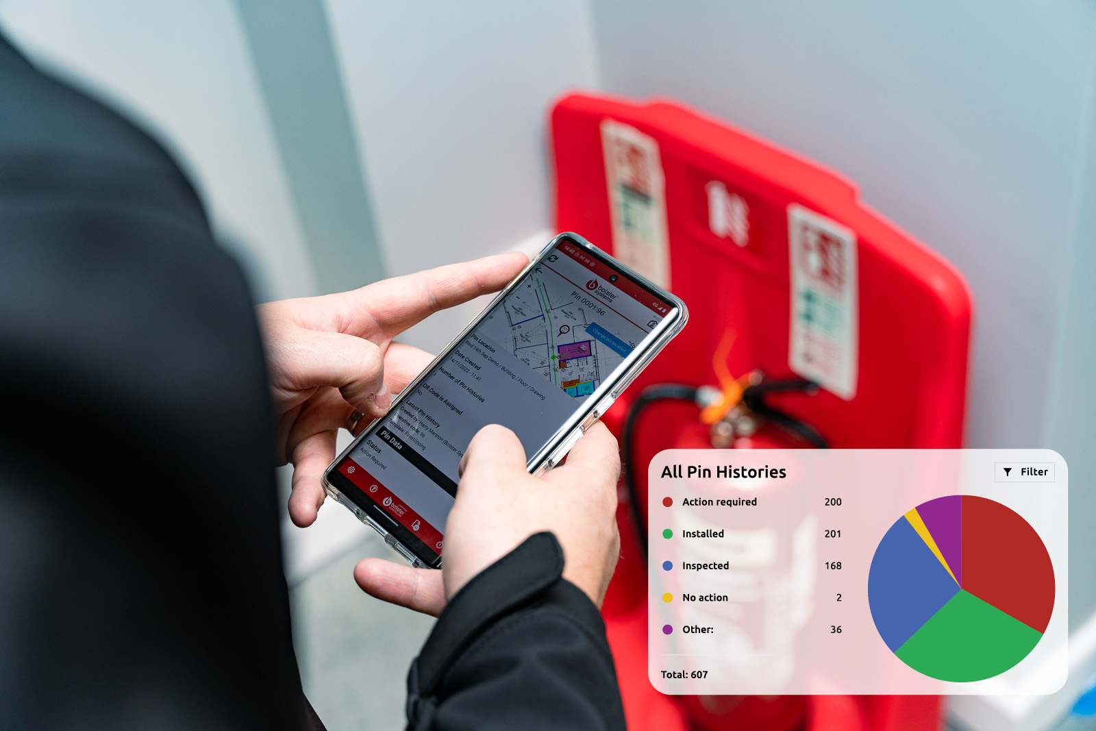 Contractor capturing a firestop installation on a multi-phase construction site using a mobile app.