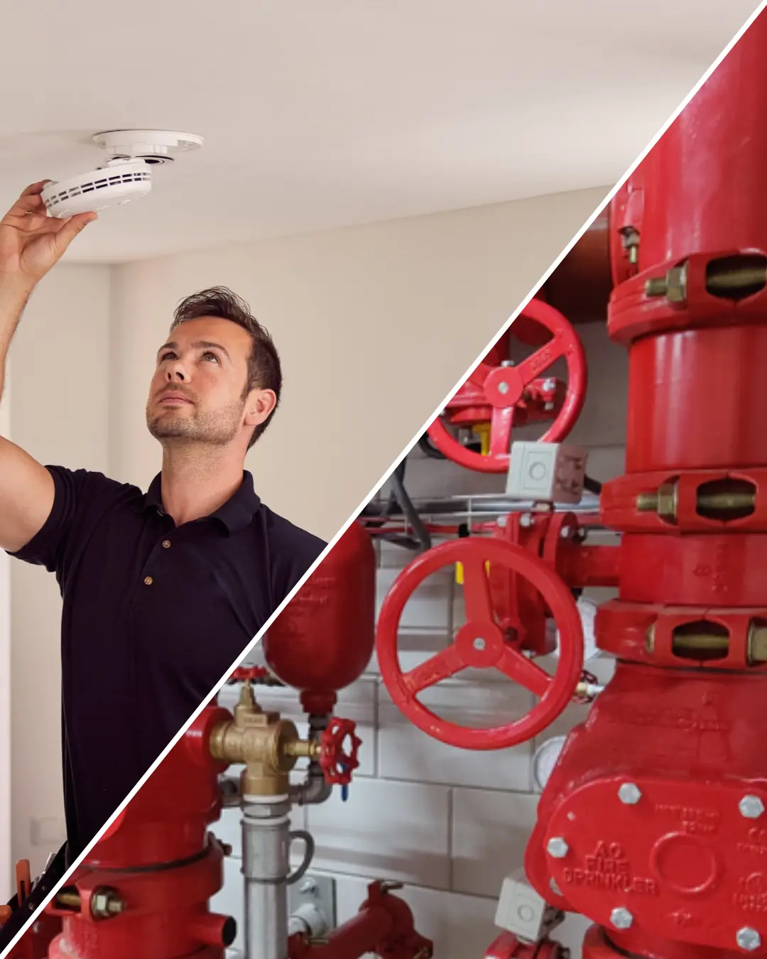 Monteur plaatst een rookmelder aan het plafond, naast een rode sprinklerinstallatie