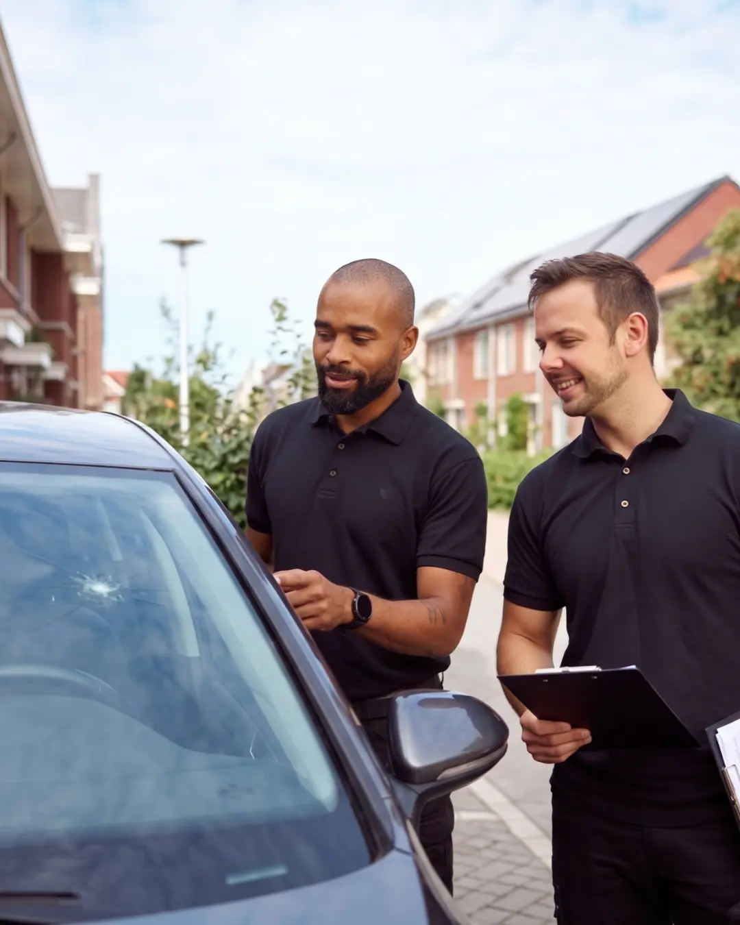 Twee monteurs bekijken een ster in de voorruit van een geparkeerde auto in een woonstraat