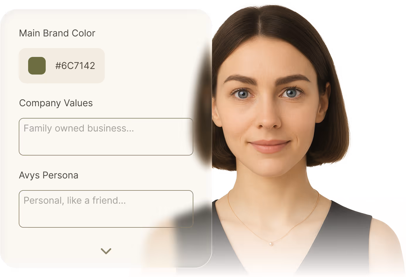 Avys, the AI Email Manager for e-commerce, standing beside a setup interface where the user defines her persona, brand color, and communication style, showing how Avys adapts her tone and personality to match each brand’s identity.