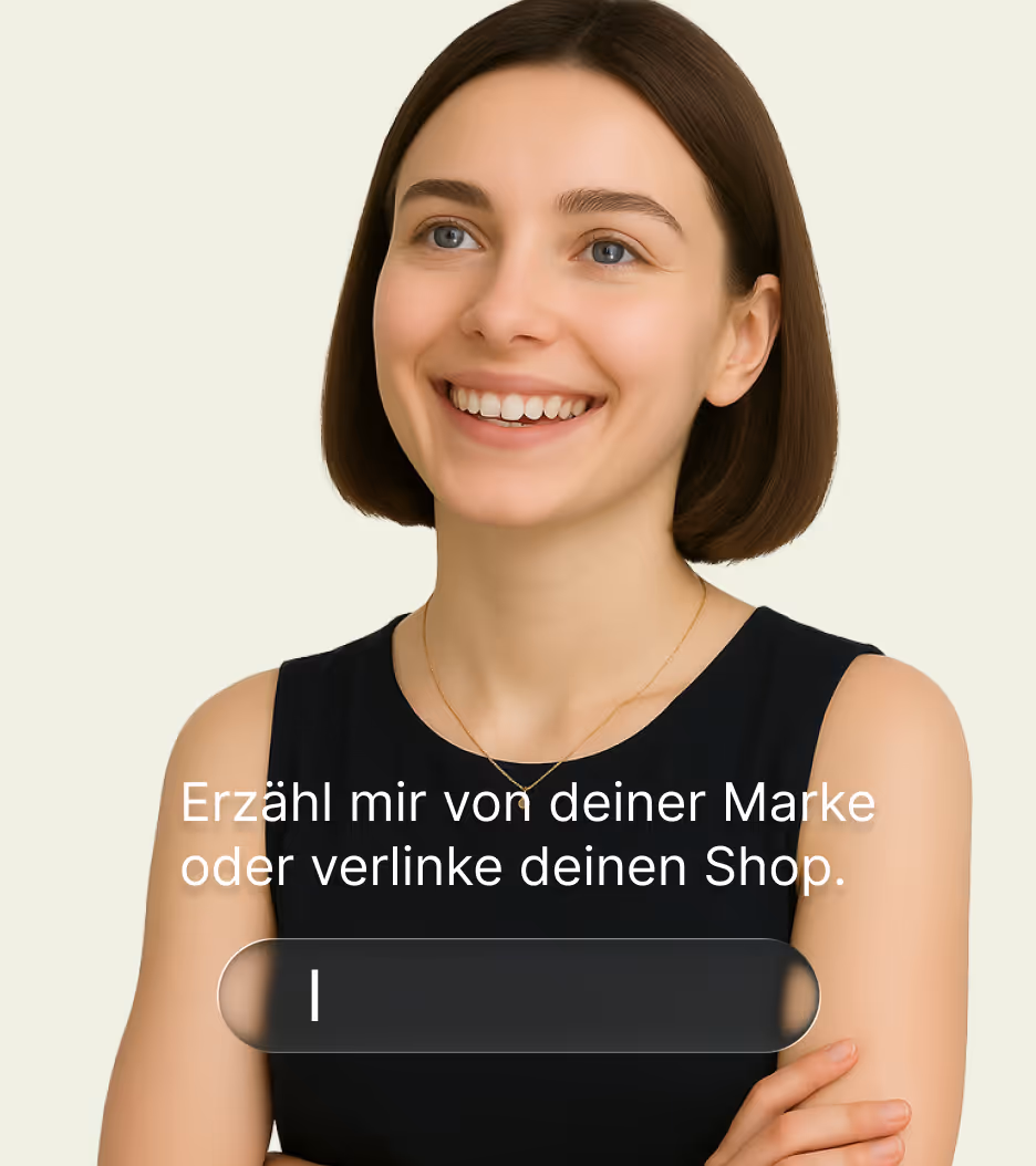 Avys, die KI-E-Mail-Managerin für E-Commerce, lächelt und schaut aufmerksam, während sie den Nutzer auffordert, Informationen über seine Marke oder seinen Onlineshop zu teilen.