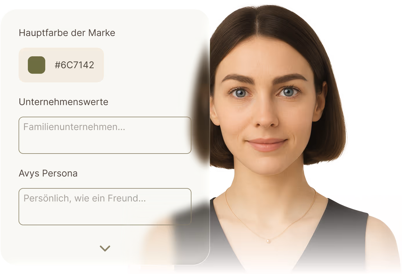 Avys, die KI-E-Mail-Managerin für E-Commerce, steht neben einer Einrichtungsoberfläche, auf der der Nutzer ihre Persona, Markenfarbe und Kommunikationsweise festlegt, und zeigt, wie Avys ihren Ton und ihre Persönlichkeit an die Markenidentität anpasst.