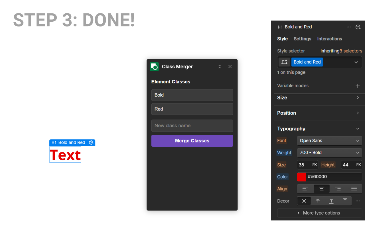 A screen of the Webflow Class Merger app