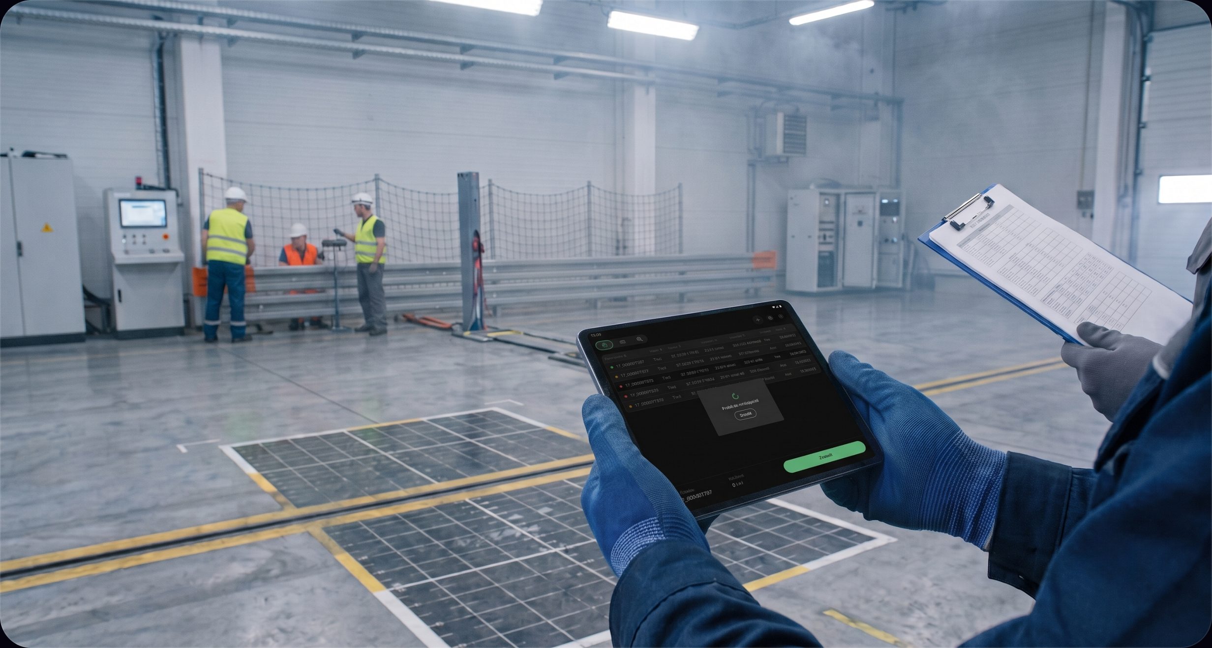 Technician using the Photo Creation Guide app on a tablet in a crash-test hall