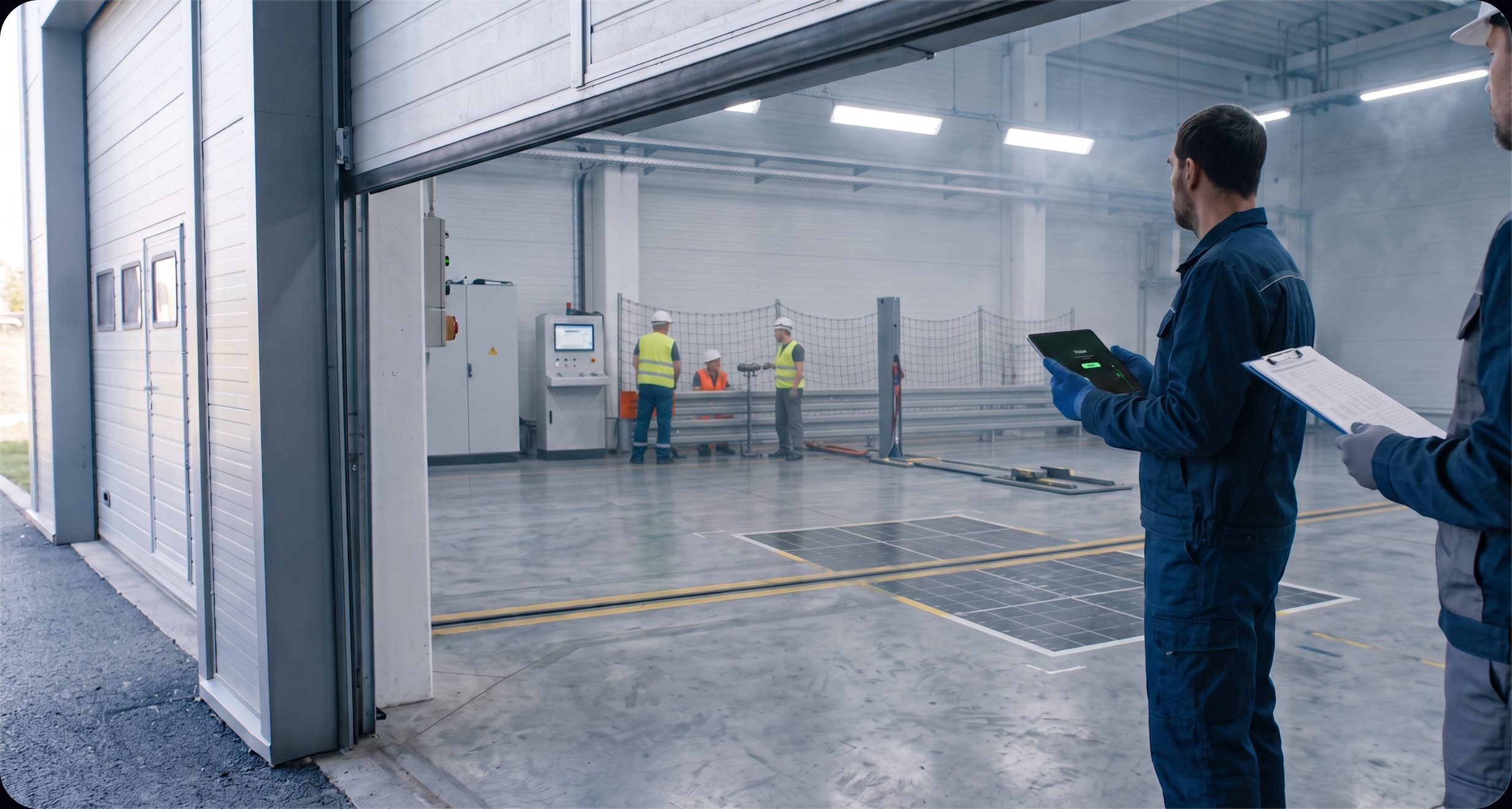 Technicians handing over the crash-test documentation workflow in the lab