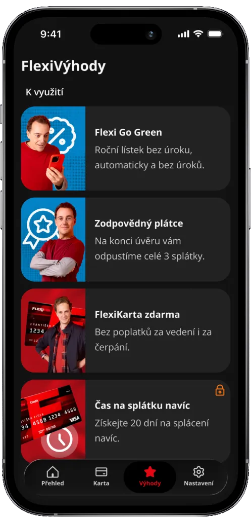 FlexiFin app: list of FlexiVýhody customer benefits